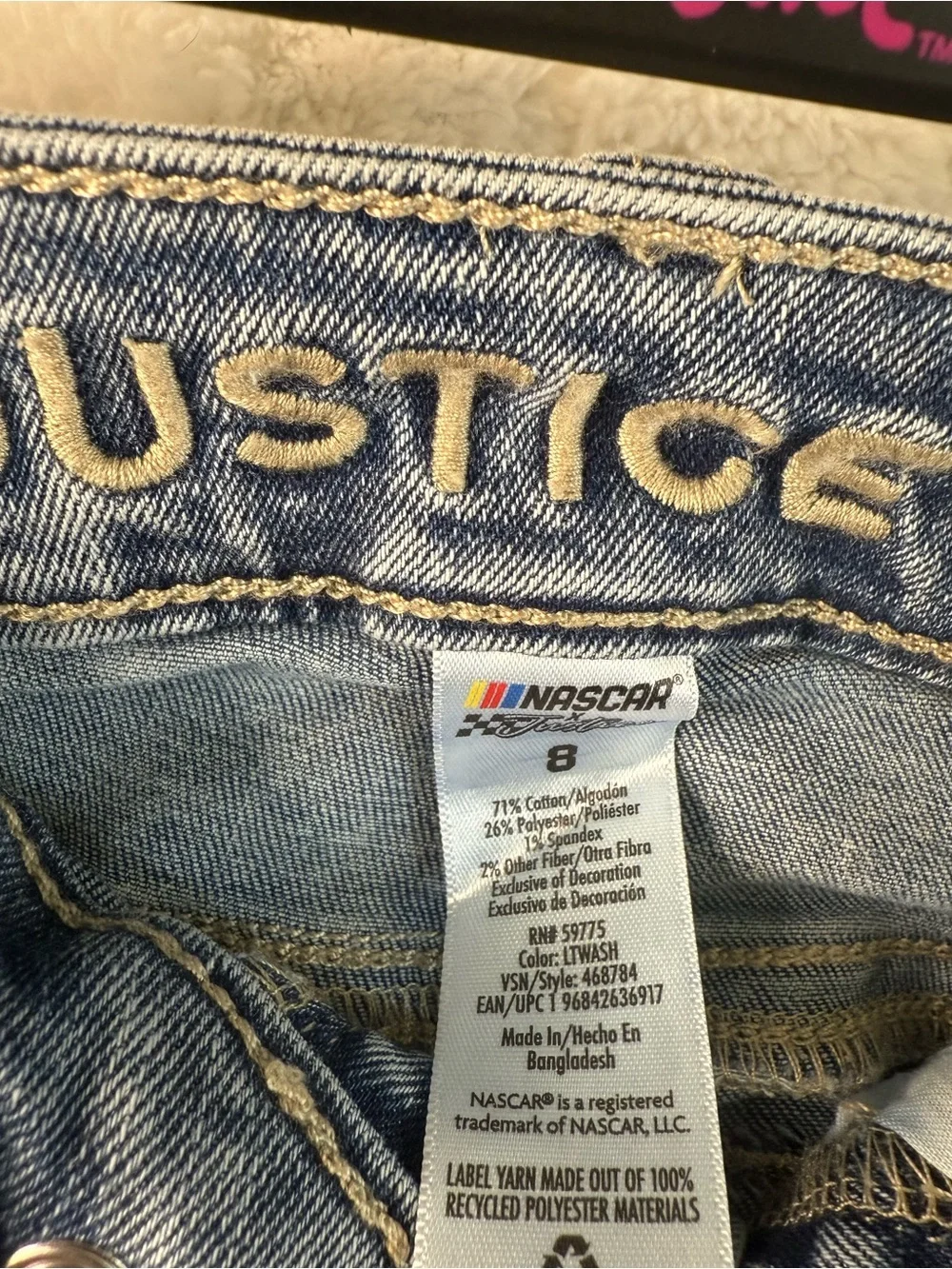 NASCAR Justice Girls’ Denim Jeans w/ Bandana — Size 8 — NWT